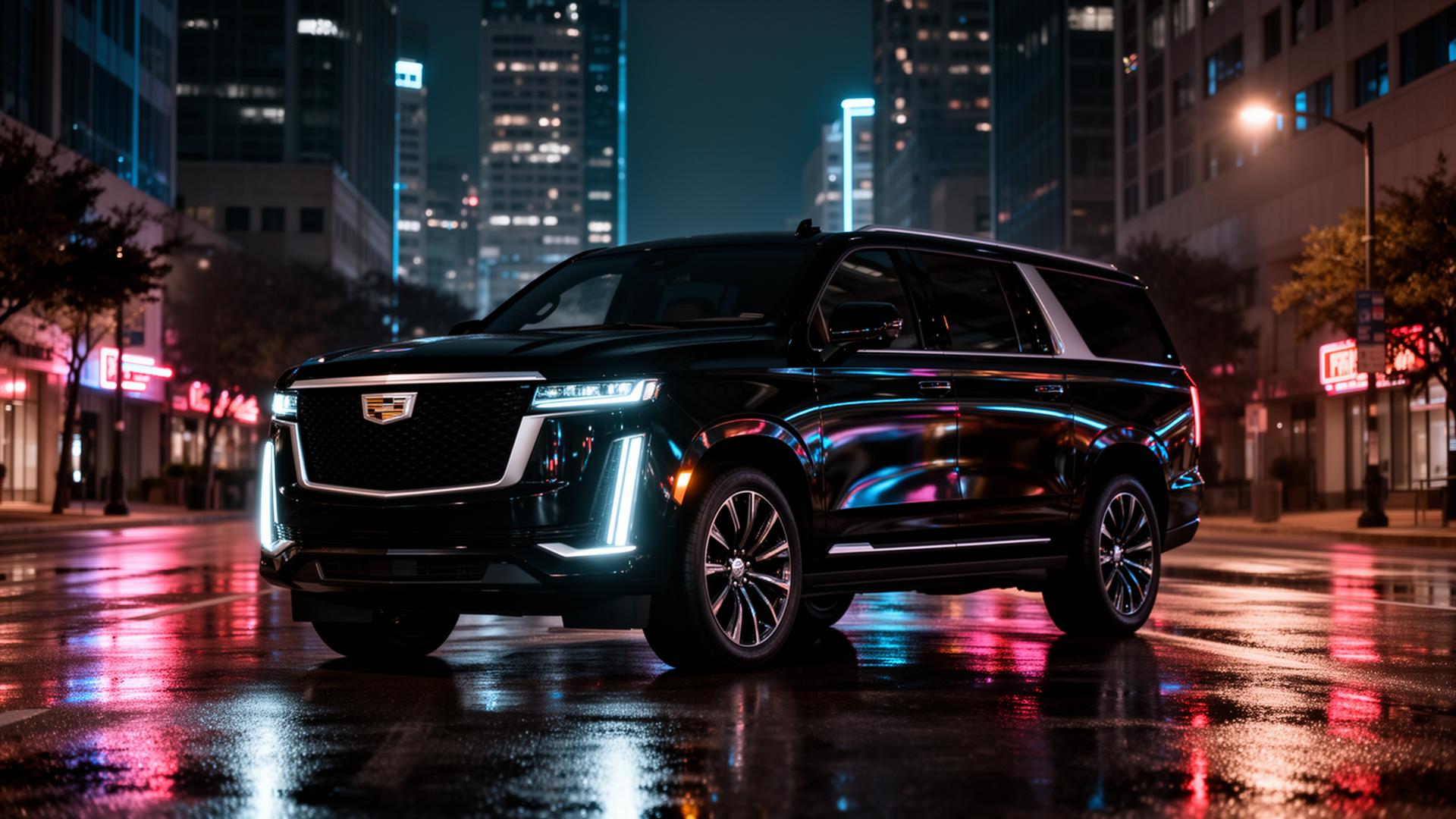 Black luxury SUV with chauffeur at a Dallas luxury hotel at night